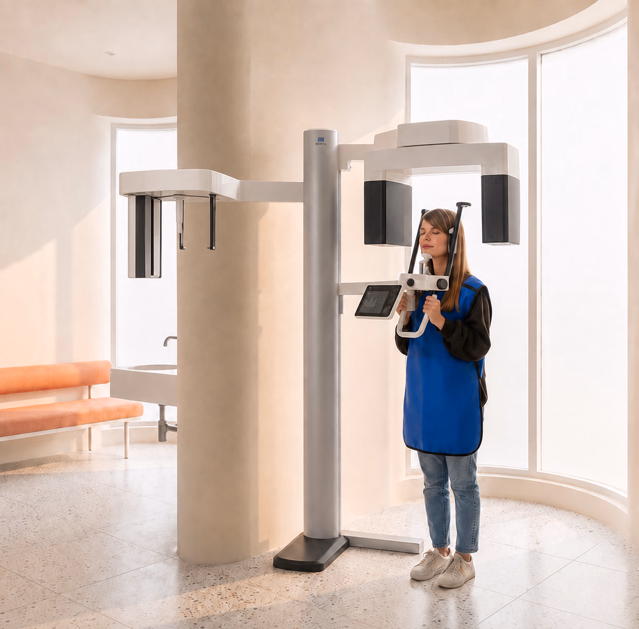 A patient positioned in the J. Morita Veraview X800 with Ceph at Smilery